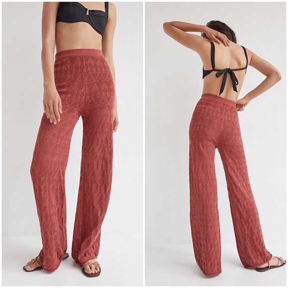 NWT ANTHROPOLOGIE FLAT WHITE POINTELLE WIDE LEG PANTS IN CLAY - Picture 8 of 9